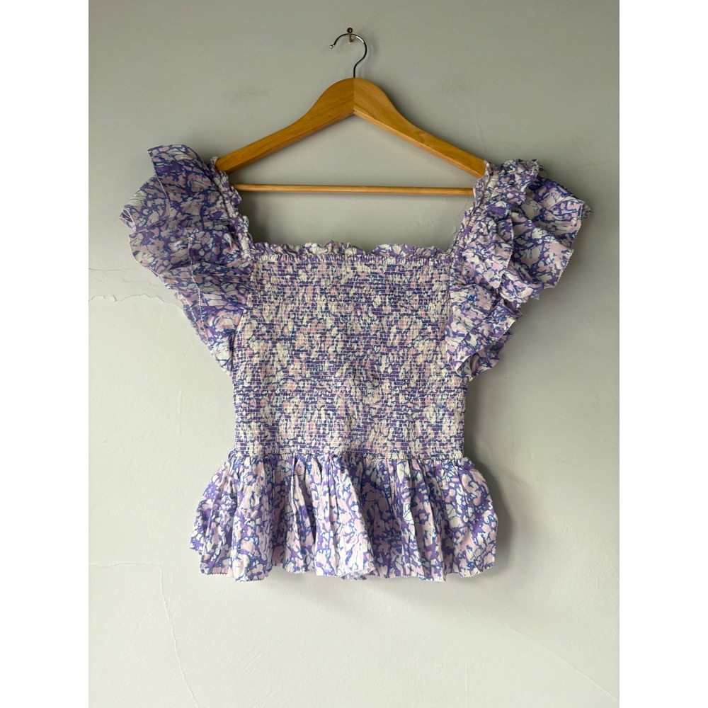 Love The Label Purple Floral Smocked Ruffle Peplum Top XS - Picture 7 of 7